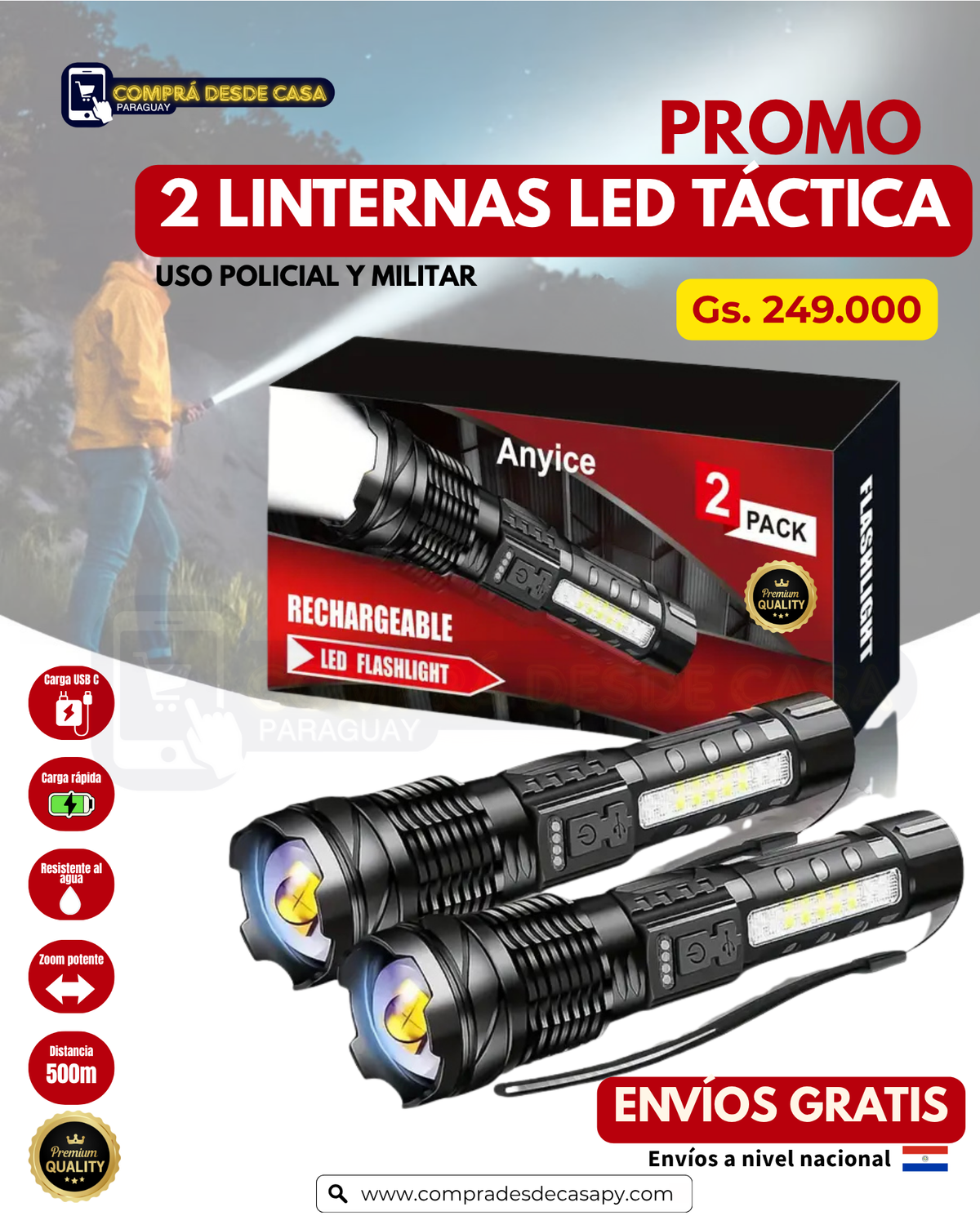 COMBO DE 2 LINTERNAS LED - USO POLICIAL Y MILITAR